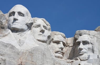 Mount Rushmore: Mount Rushmore in the Black Hills, South Dakota is a sculpture of United States presidents George Washington, Thomas Jefferson, Theodore Roosevelt, and Abraham Lincoln sculpted from a granite outcrop. Image copyright iStockphoto / Jonathan Larsen.