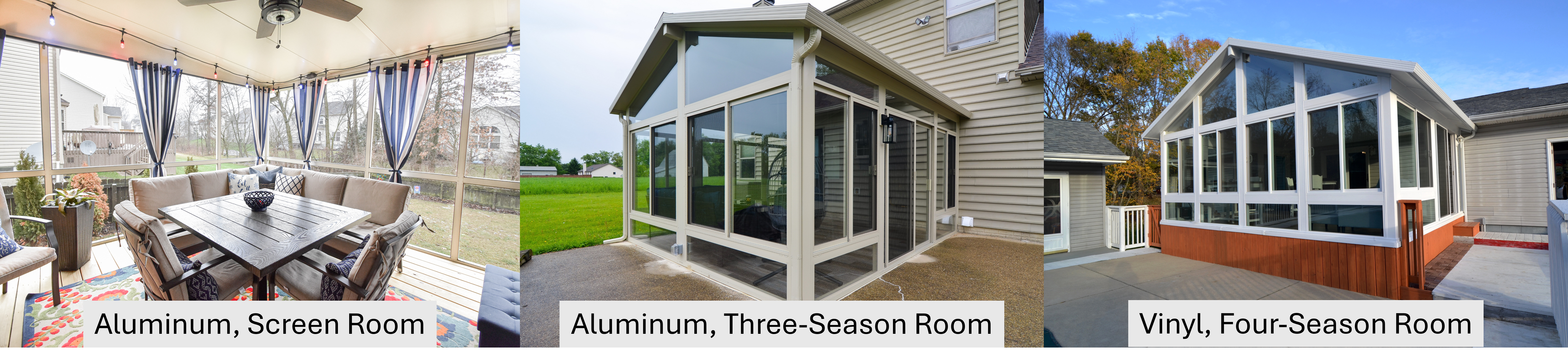 Images showing the difference between screen, three-season, and four-season sunrooms